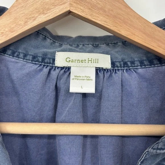 Garnet Hill chambray collared V Neck popover top / tunic  100% Cotton Large - Picture 2 of 8
